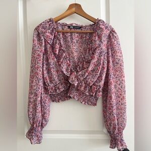 ZARA purple floral v neck crop top sz S